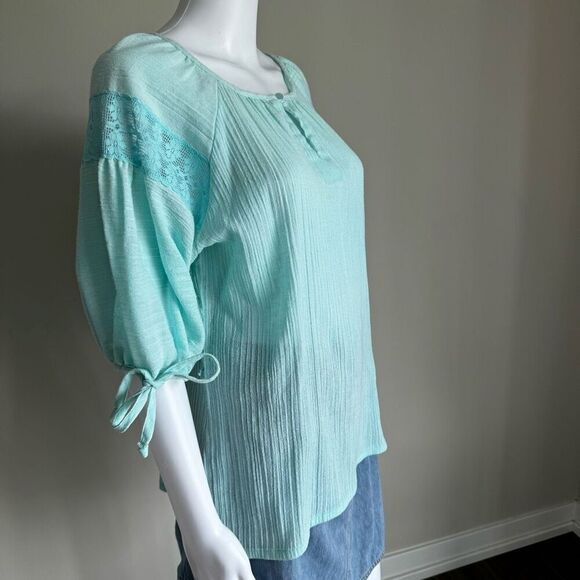 Vintage Sea Glass Blue Peasant Top Blouse Crotchet Lace Size M - Picture 3 of 7